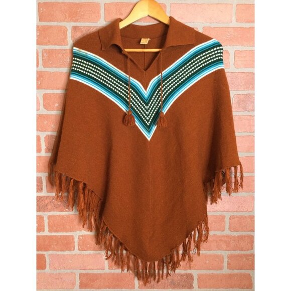 Vintage Tejidos Ecuador Women's Knit Poncho Sweater Tassel Tie Necklace Chevron - Picture 1 of 8